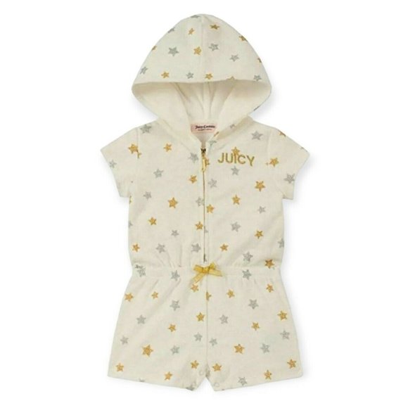 Juicy Couture Girls Hooded Romper Size 6 White with gold and silver stars.